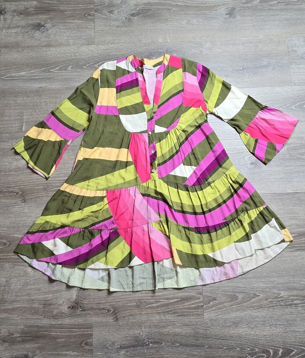 Colorful Boho Tiered Dress Button Front Flare Sleeve Abstract Print Size M